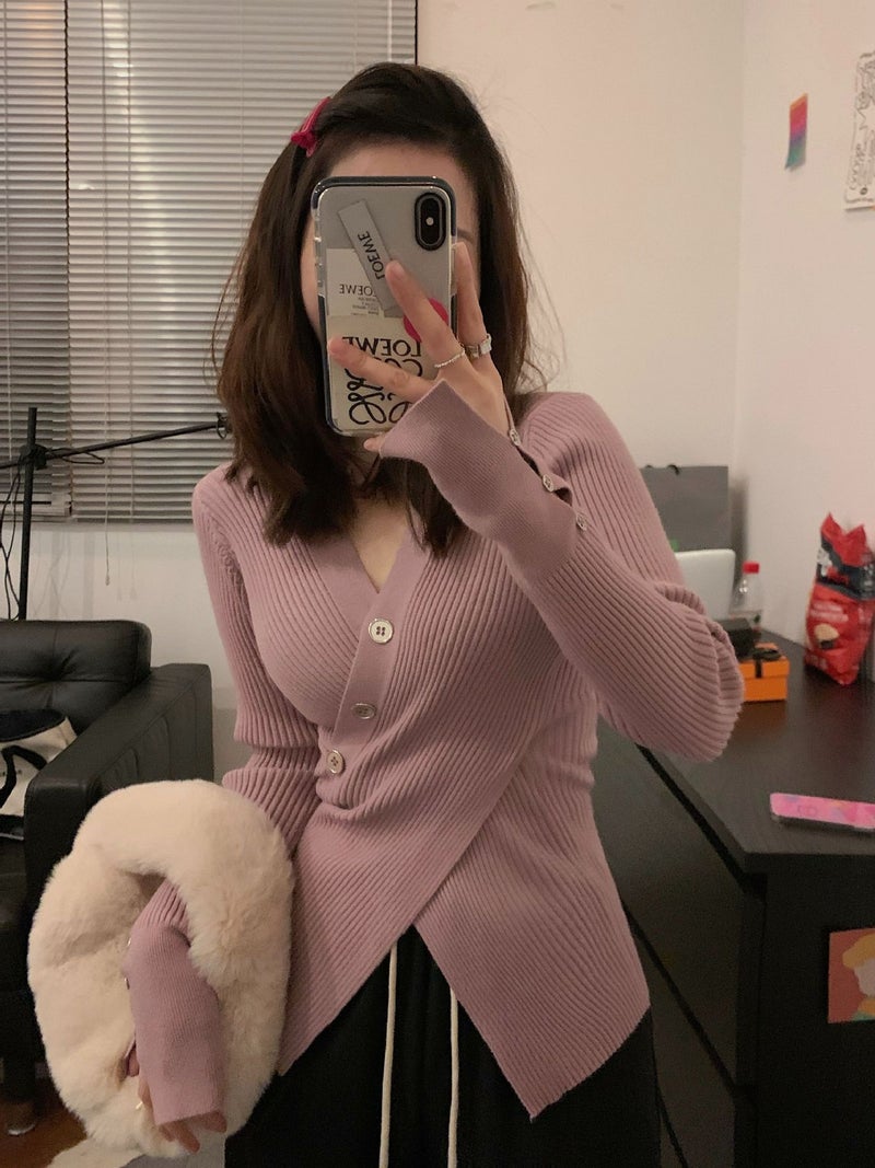 Irregular Cross Design V-Neck Inner Base Shirt Women'S Early Autumn High-End Knitwear Slim-Fit Slim-Fit Top - Image 2