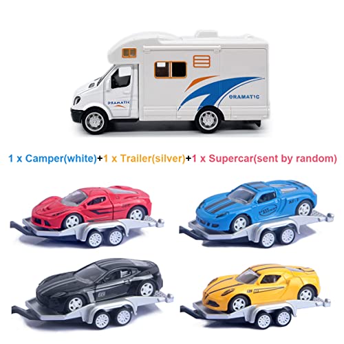 Metanyl Toy Camper RV Trailer Towing Supercar Sports Model Car Diecast Motorhome Toys for Boys Pull Back Toy Cars Beach Sandbox Outdoor Adventure Play Set 3 4 5 6 Years Old Kids Toddlers Gifts White - Image 5