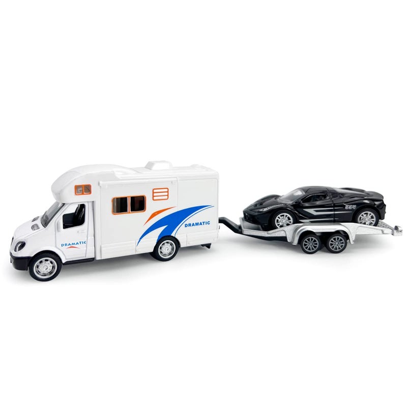 Metanyl Toy Camper RV Trailer Towing Supercar Sports Model Car Diecast Motorhome Toys for Boys Pull Back Toy Cars Beach Sandbox Outdoor Adventure Play Set 3 4 5 6 Years Old Kids Toddlers Gifts White - Image 3