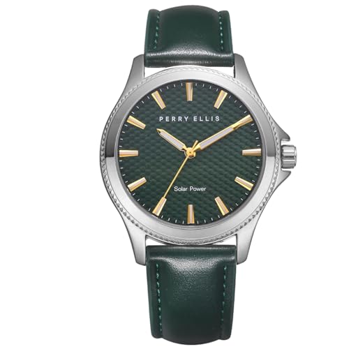 Perry Ellis Solar Powered Mens Watch Vegan Leather WaterResistant Analog Wrist Watches for Men 41mm Case Relojes para Hombres Elegant Gift for Man Green - Image 1