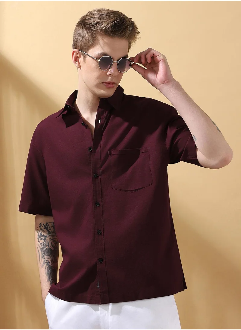 Dennis Lingo Relaxed Fit Wine 100% Cotton Textured Spread Collar Half Sleeve Shirts For Men