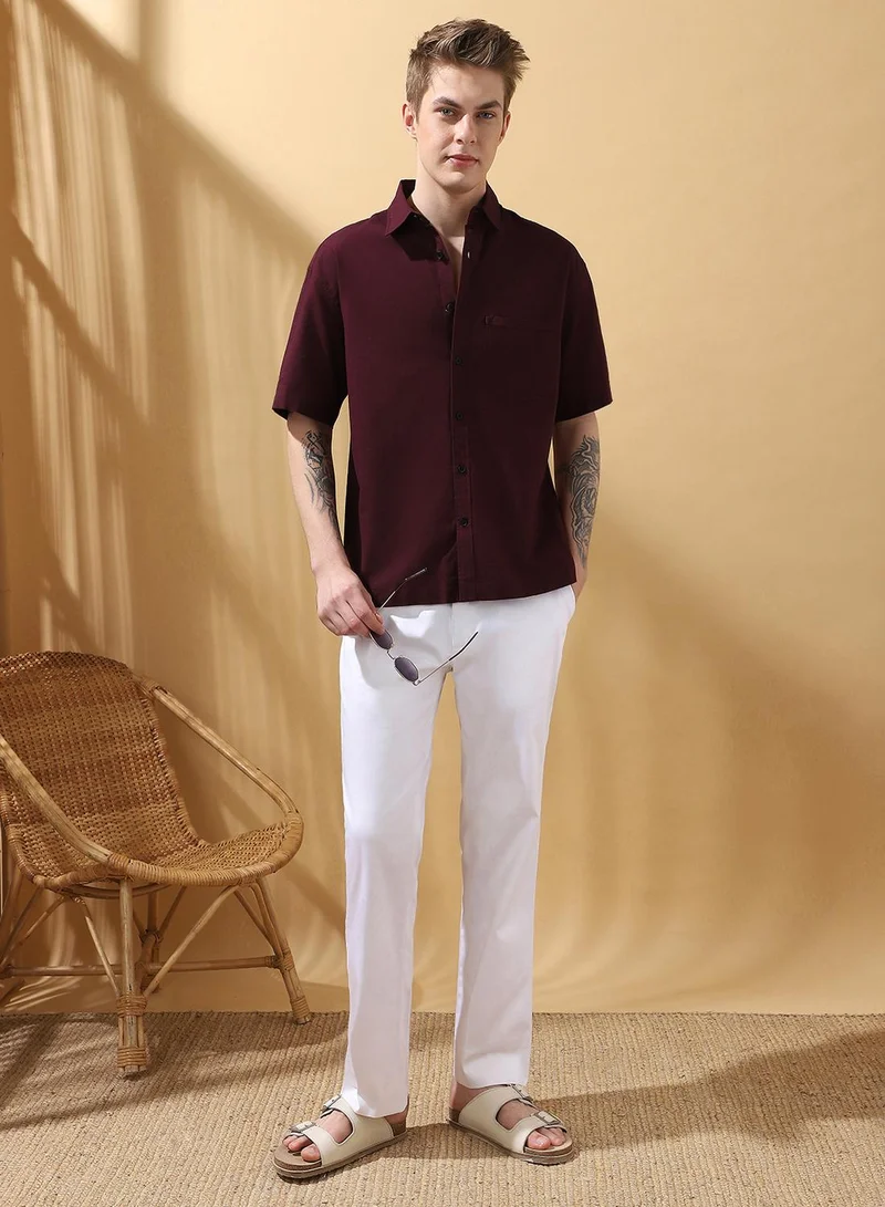 Dennis Lingo Men's Wine 100% Cotton Textured Button Down Relaxed Shirt