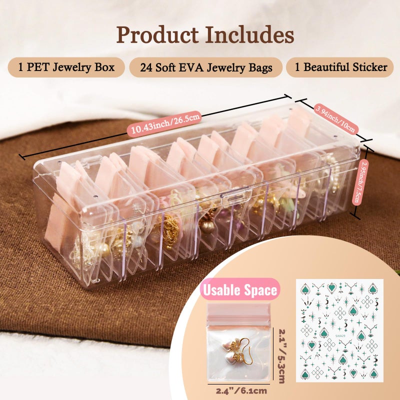 Qryval Jewelry Organizer and Storage Box with 24 EVA Anti Tarnish Bags, Travel Acrylic Case for Earrings, Necklaces & Rings, Elegant Gift for Women & Girls (S&Organizer(Clear)) - Image 2