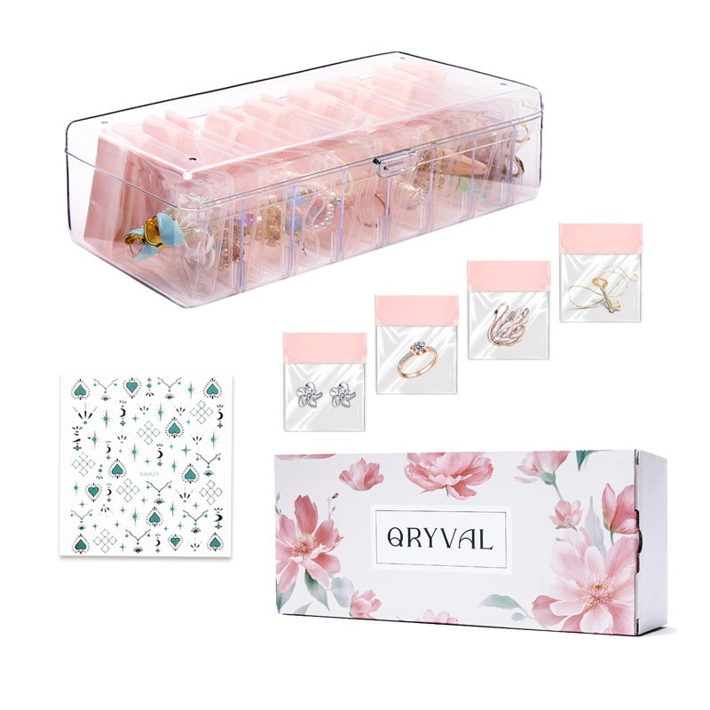 Qryval Jewelry Organizer and Storage Box with 24 EVA Anti Tarnish Bags, Travel Acrylic Case for Earrings, Necklaces & Rings, Elegant Gift for Women & Girls (S&Organizer(Clear)) - Image 1