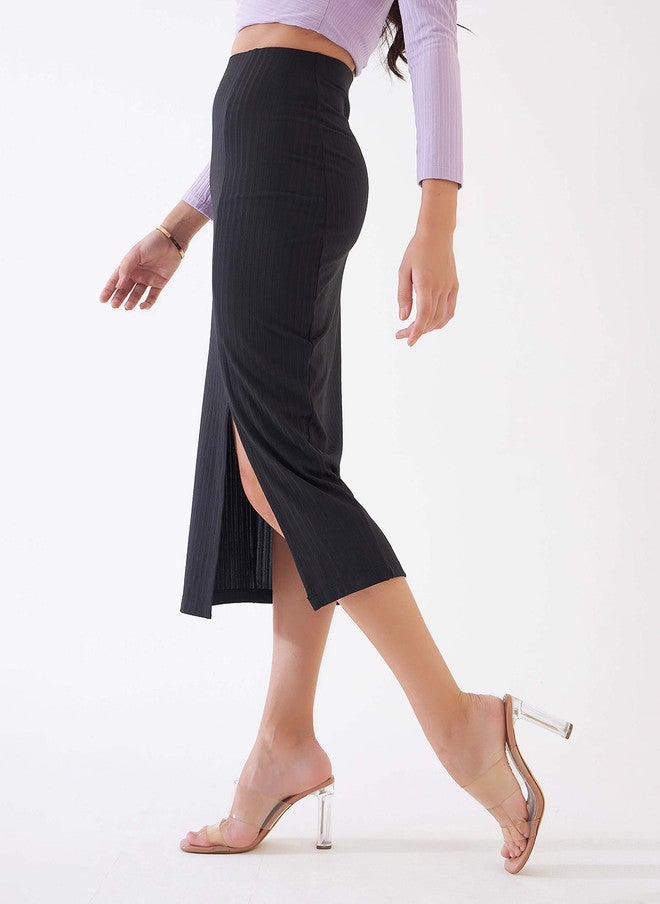 SALT ATTIRE Black Solid Pencil Midi Skirt with Front Slit - Image 2