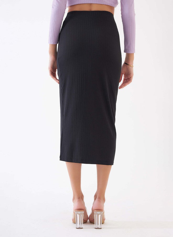 SALT ATTIRE Black Solid Pencil Midi Skirt with Front Slit - Image 3