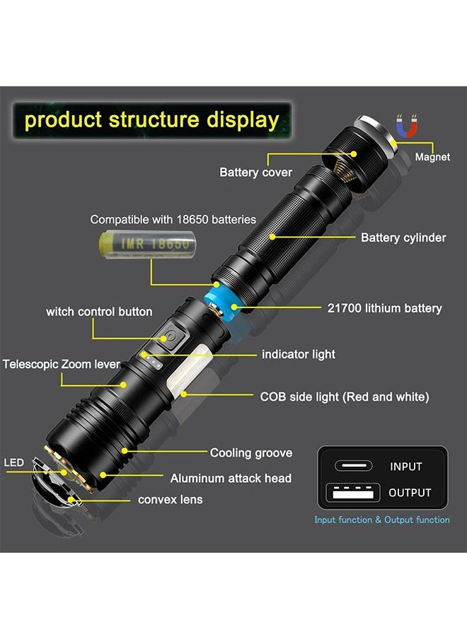 20000 High Lumens Led Flashlight Rechargeable,7 Modes Zoomable Torch With COB Side Light,Type-C Fast Charging IPX67 Waterproof Power Display Flashlights for Emergencies,Hiking,Camping