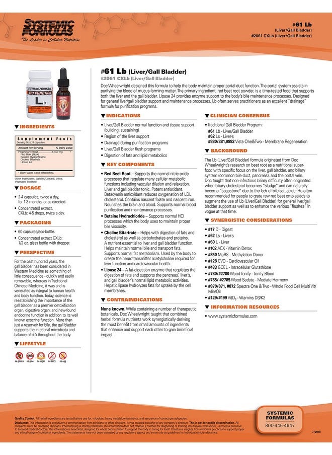 Systemic Formulas - Lb LiverGall Bladder 60 Capsules Bio Function 61 Liver + Gall Bladder Support Portal Duct Function Supplement Contains Red Beet Root Powder - Image 1