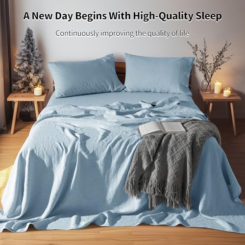 LBRO2M 100 Pure Linen Sheet Set Deep Pocket Up to 16 Bed Sheets Sets Natural Flax Beddings Soft Breathable Comfortable for All Seasons 4 Pcs Sheet Set Queen Size Dusty Blue - Image 3