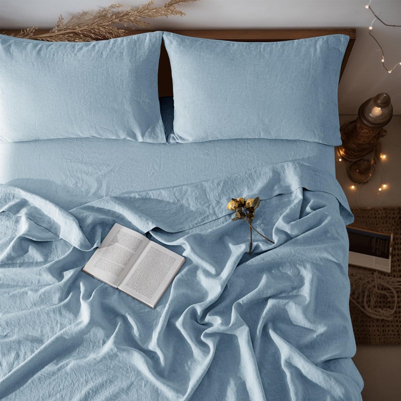 LBRO2M 100 Pure Linen Sheet Set Deep Pocket Up to 16 Bed Sheets Sets Natural Flax Beddings Soft Breathable Comfortable for All Seasons 4 Pcs Sheet Set Queen Size Dusty Blue - Image 2