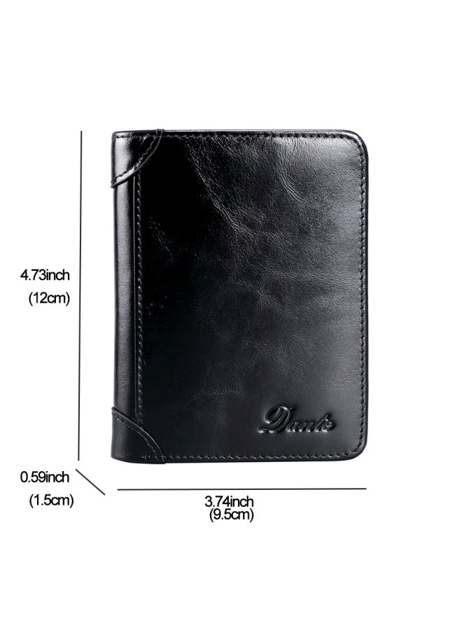 Dante Men's Wallet, Top Layer Cowhide, Three Sides, Men's Wallet, RFID Anti-theft Card Swipe, Wax Black - Image 3