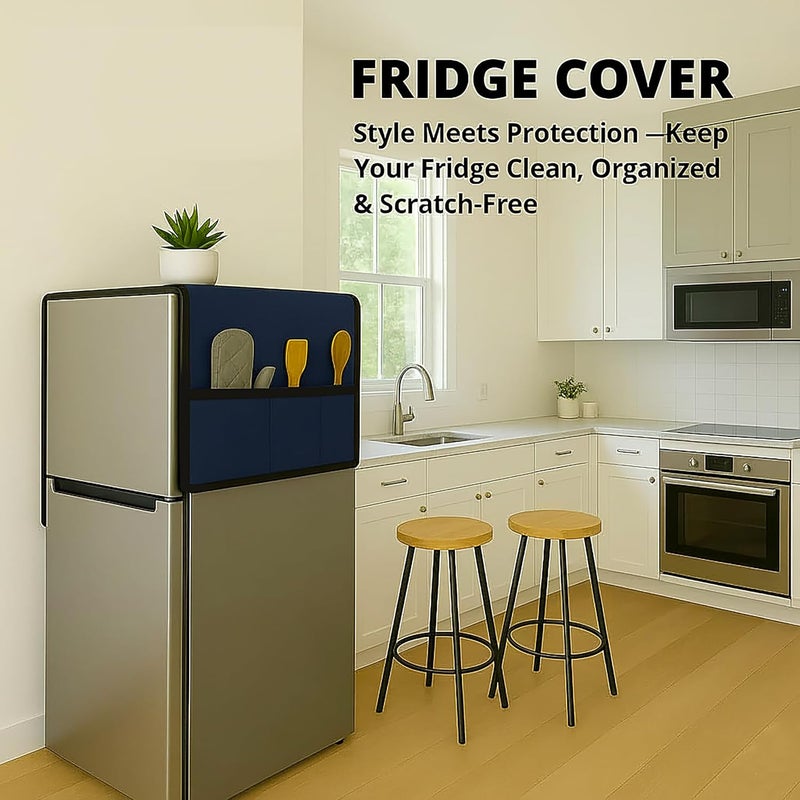 Fancy Walas Refrigerator Single Door Waterproof, Dustproof, Refrigerator Top Cover, Protective Cover for Fridges with Extra Storage Space Nylon Top cover with 6 Storage Pockets (Navy Blue,130 x 54 cm) - Image 5