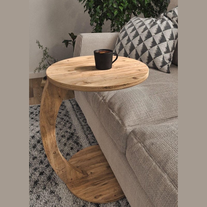 Furpinea C Shaped End Table for Couch Small Places, Space Saver Round Side Table for Sofa and Bedside with Wheels, Coffee and Eating Snack Time Tray for Living Room, Office (Natural) - Image 1
