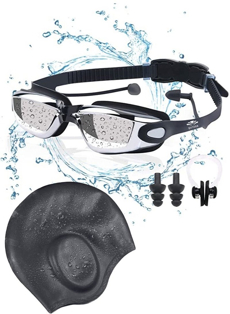 QUTOOB Swimming Kit, Professional Waterproof Swimming Goggles With Earlplugs Nose Clip, Silicone Cap, Anti-Fog UV Protection Leak-Proof, Mirrored Lens With Ultra Wide And Clear View, for Men Women Teens - Image 1