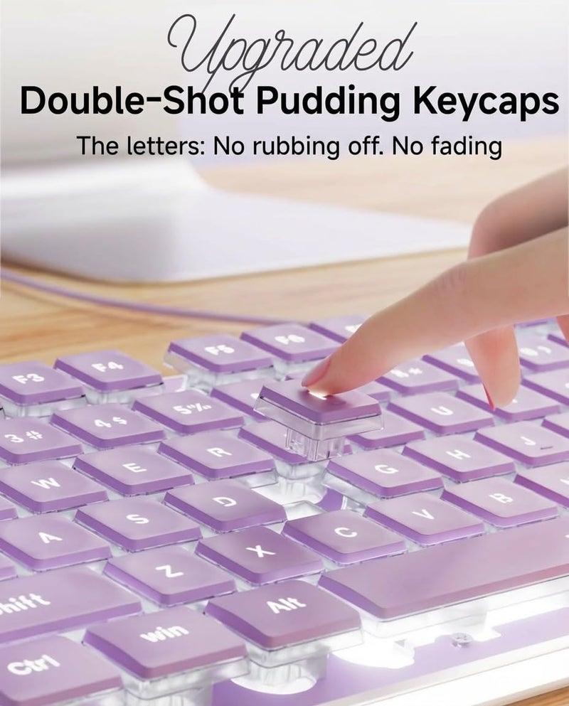 SEUNKWANG EWEADN GX710S Backlit Computer Keyboards, Wired USB Keyboard with White Backlit, Metal Panel, Plug and Play, Pudding Keycaps Full Size Quite Computer Keyboard for Win/PC/Laptop-Purple - Image 5