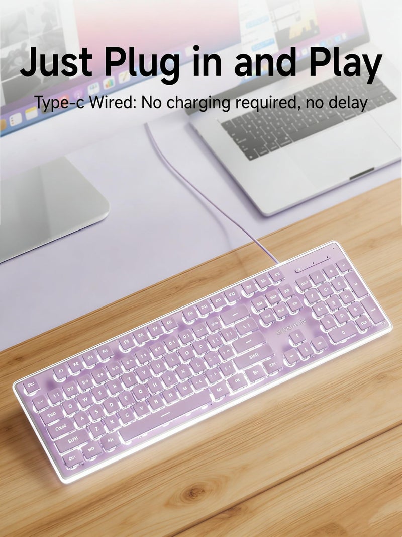 SEUNKWANG EWEADN GX710S Backlit Computer Keyboards, Wired USB Keyboard with White Backlit, Metal Panel, Plug and Play, Pudding Keycaps Full Size Quite Computer Keyboard for Win/PC/Laptop-Purple - Image 4