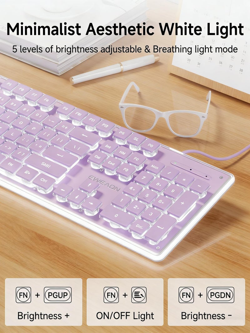 SEUNKWANG EWEADN GX710S Backlit Computer Keyboards, Wired USB Keyboard with White Backlit, Metal Panel, Plug and Play, Pudding Keycaps Full Size Quite Computer Keyboard for Win/PC/Laptop-Purple - Image 3