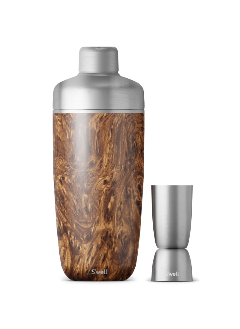 S'well Swell Stainless Steel Shaker Set with Jigger 18oz Teakwood Triple Layered Vacuum Insulated Container Keeps Cocktails Colder for Longer BPA Free Barware 