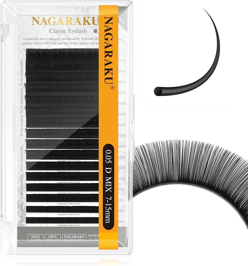 NAGARAKU Eyelash Extensions Individual Mega Volume Lashes Manual Fan 005mm D Curl 715mm Mix Tray Classic Matte Black Natural False Lash