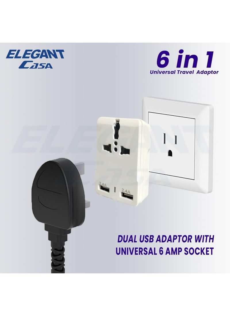 ELEGANT CASA ELEGANT CASA 6 AMP Socket Universal Travel Adapter Travel Adapter and Wall Charger with USB Port with Power Output USB 24A100250 Voltage Travel Charger White  - Image 2