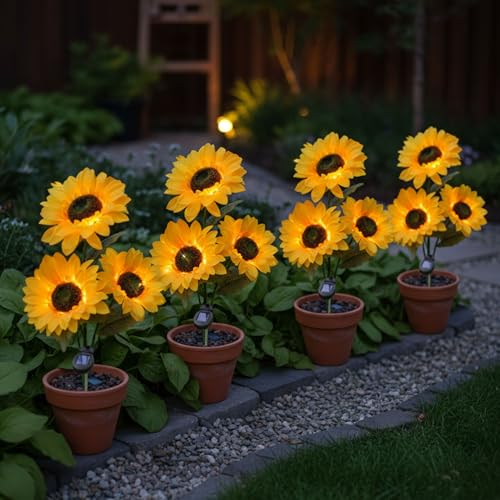 Homehop Solar Light Outdoor Waterproof 30 Led 3 Sunflowers in one Plant Decor Lamp for Outdoor, Garden, Landscape, Pathway, Balcony& Home Automatic On/Off, (ABS, Pack of 4) - Image 1