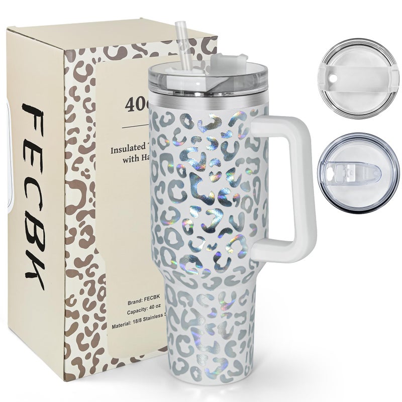 FECBK 40 oz Tumbler with Handle and Straw 100 LeakProof Travel Mug Stainless Steel Double Wall Vacuum Insulated Coffee Cup Keeps Cold For 34 Hours Dishwasher Safe White Leopard