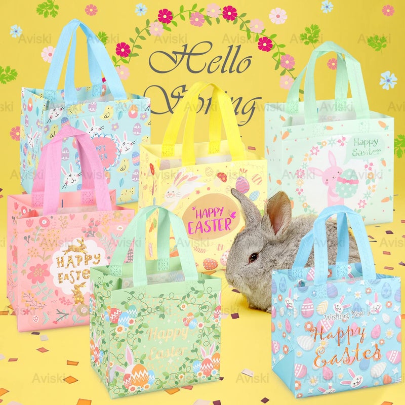 Aviski 12PCS Happy Easter Egg Hunt Bags Bunny Carrot Chick Egg Gift Bag with Handles, Easter Treat Bags, Non-Woven Gifts Wrapping, Spring Party Supplies - Image 4
