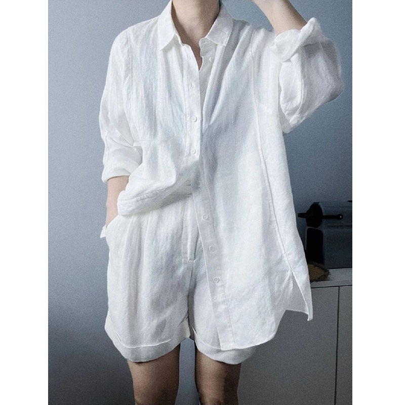 Generic French Style White Lapel Ramie Cotton Linen Sunscreen Shirt Womens Summer Thin Shirt Linen Top 2024 New Style As Shown