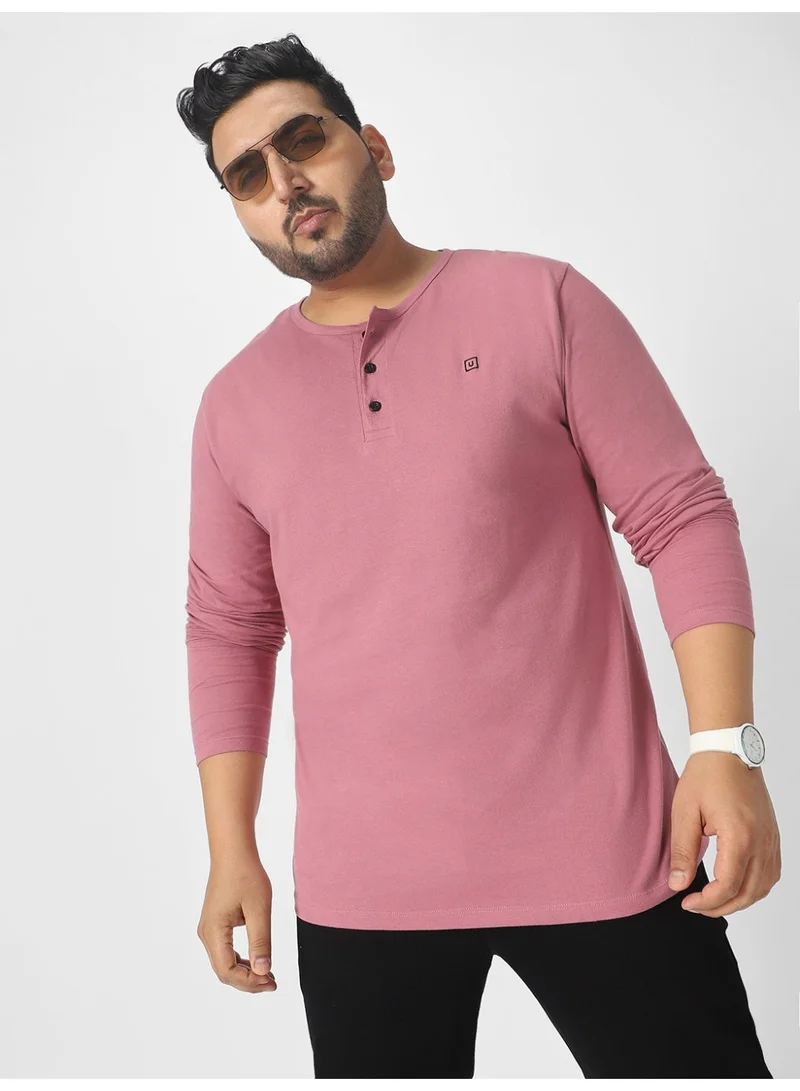 Urbano Plus Men's Lilac Solid Henley Neck Regular Fit Full Sleeve Cotton T-Shirt