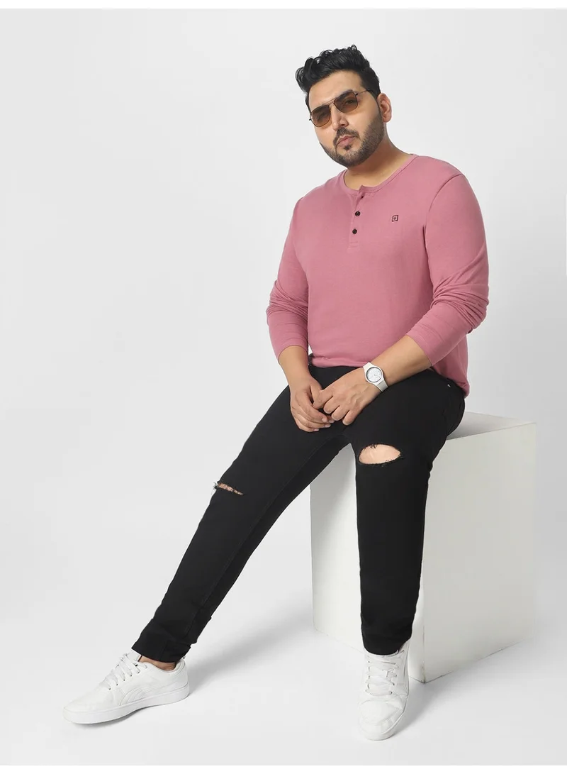 Urbano Fashion  Urbano Plus Men's Lilac Solid Henley Neck Regular Fit Full Sleeve Cotton T-Shirt  | Best Price UAE
