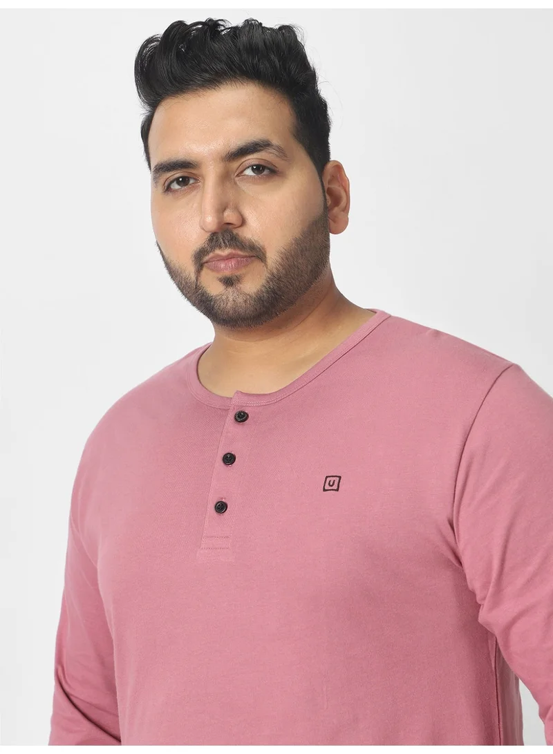 Urbano Fashion  Urbano Plus Men's Lilac Solid Henley Neck Regular Fit Full Sleeve Cotton T-Shirt  | Best Price UAE