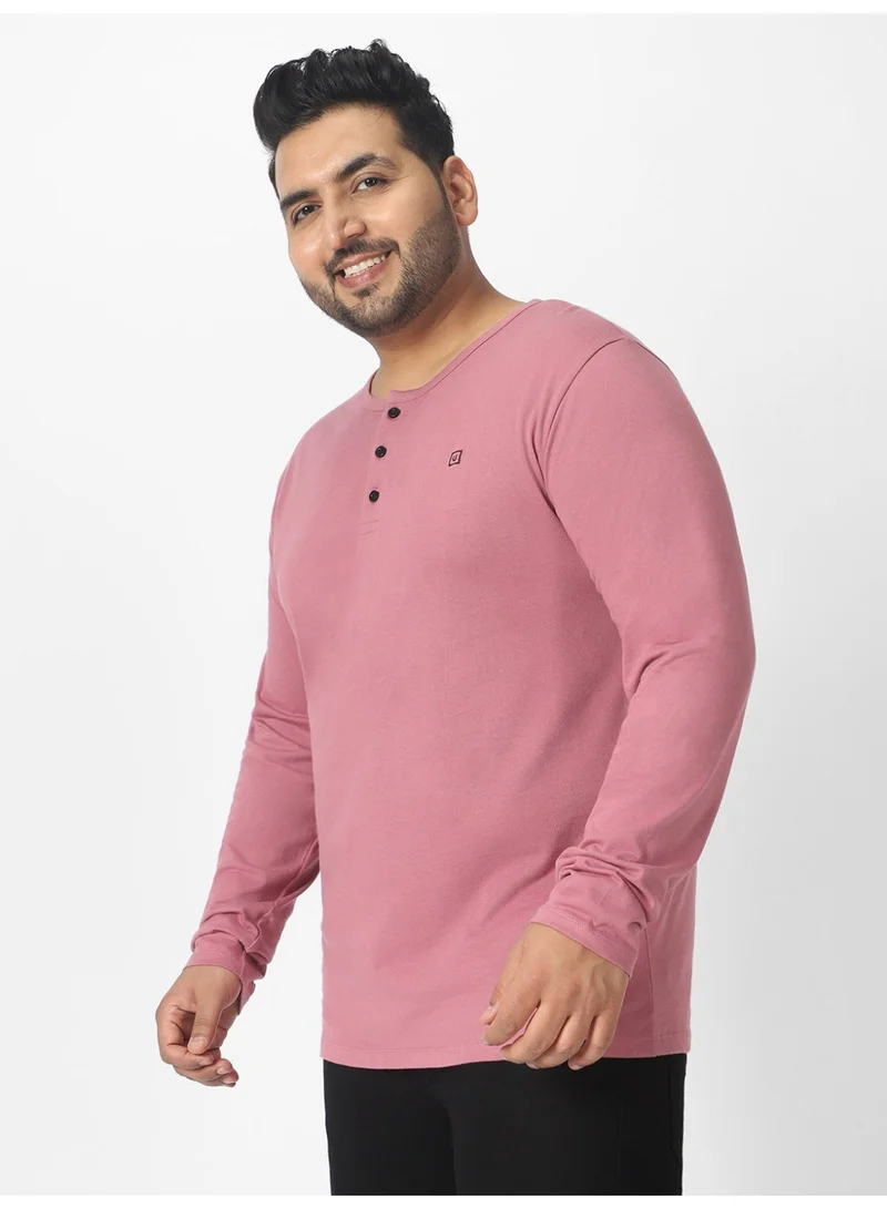 Urbano Fashion  Urbano Plus Men's Lilac Solid Henley Neck Regular Fit Full Sleeve Cotton T-Shirt  | Best Price UAE
