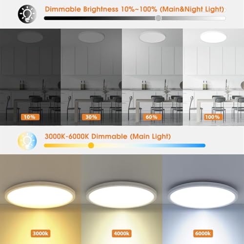 ELEPHANTBOAT® Plastic 12" LED Ceiling Light with Remote Control,Dimmable 24 W 3-Color Ceiling Light with Dim Night Light 1800k Warm,Round Flush LED Ceiling Lights (White) - Image 3
