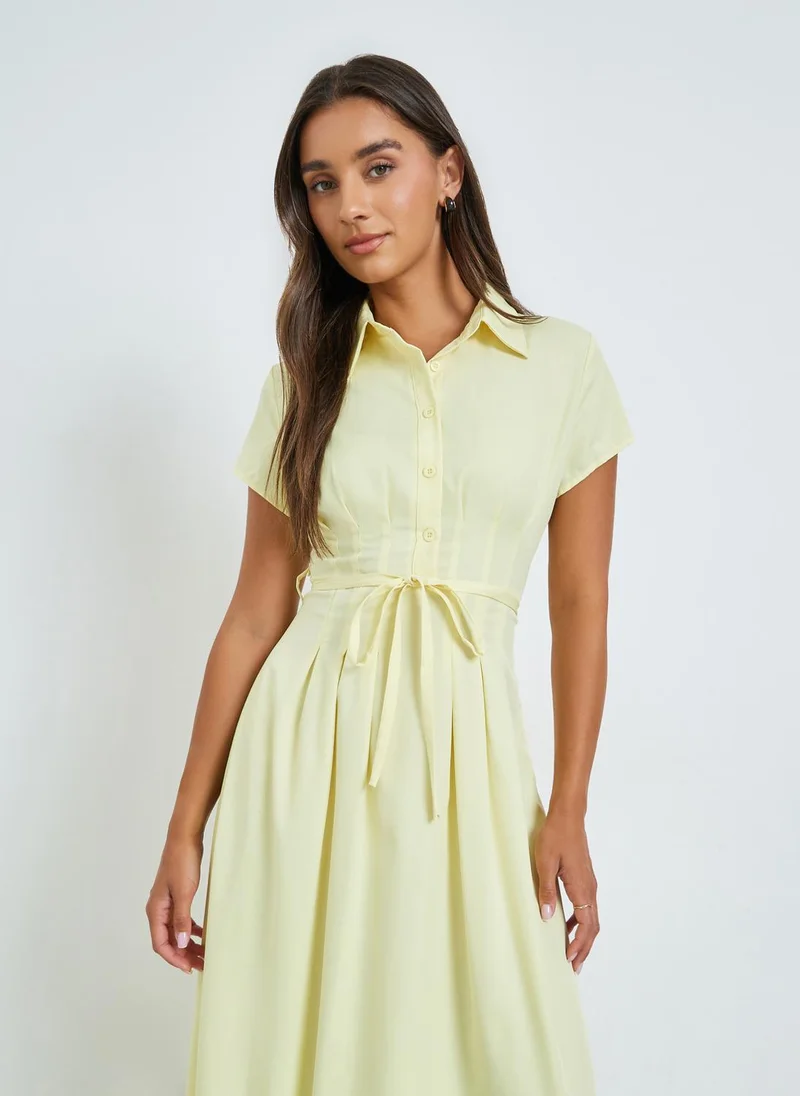 Styli Yellow Shirt Maxi Dress with Tie-Waist