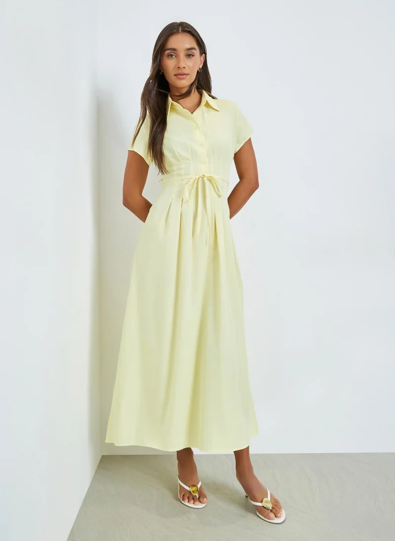Styli Yellow Shirt Maxi Dress with Tie-Waist