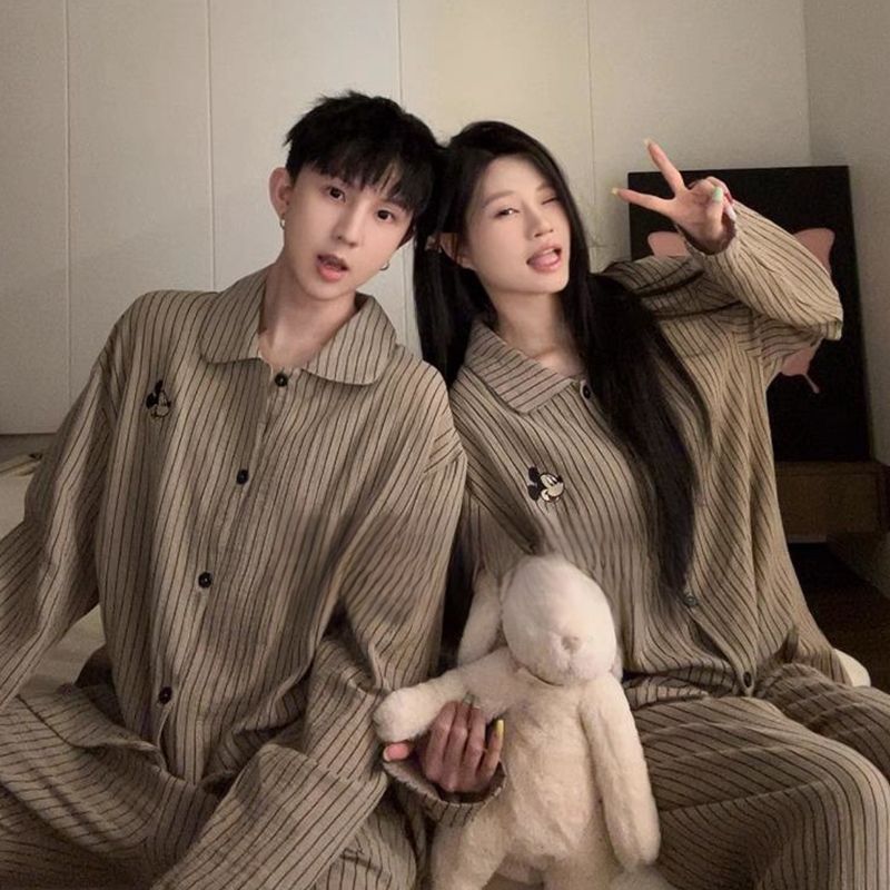 Korean Style Ins Pajamas Women'S Clouds Cotton Couples New Arrival Striped Cardigan Long-Sleeved Trousers Home Clothes Suit For Men - Image 3