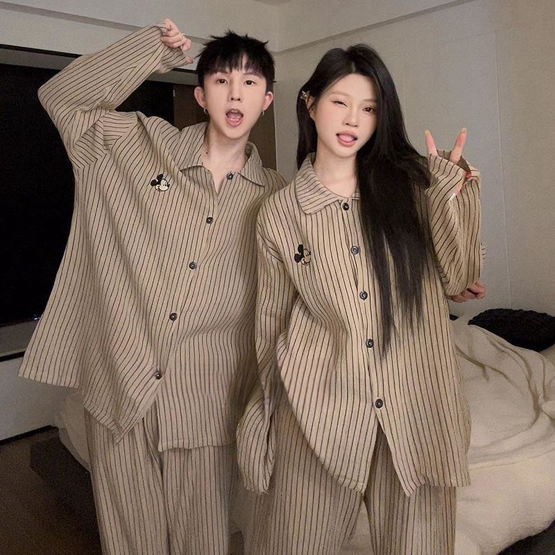 Korean Style Ins Pajamas Women'S Clouds Cotton Couples New Arrival Striped Cardigan Long-Sleeved Trousers Home Clothes Suit For Men - Image 5