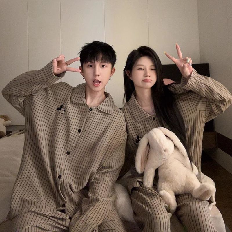 Korean Style Ins Pajamas Women'S Clouds Cotton Couples New Arrival Striped Cardigan Long-Sleeved Trousers Home Clothes Suit For Men - Image 2
