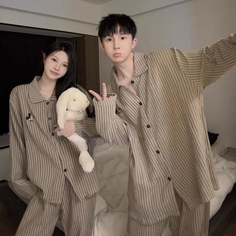 Korean Style Ins Pajamas Women'S Clouds Cotton Couples New Arrival Striped Cardigan Long-Sleeved Trousers Home Clothes Suit For Men - Image 4
