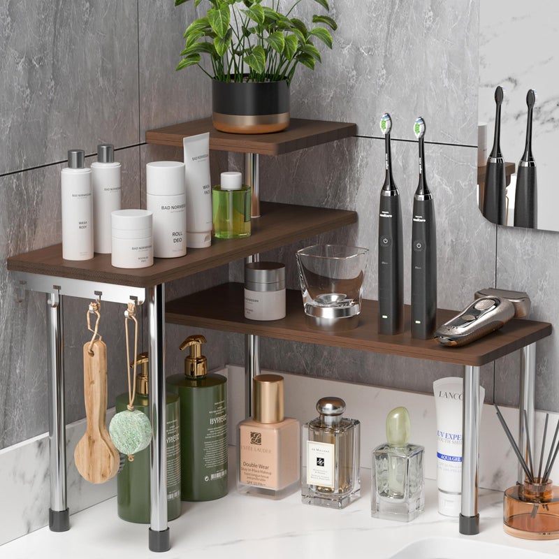 ZHWS Bathroom Counter Organizer for MakeUps, Dresser Table, Kitchen Countertop Organizer Adjustable 3 Tier Corner Shelf with 4 Metal Hooks for Coffee Bar, Spice Rack, Over Sink - Image 1