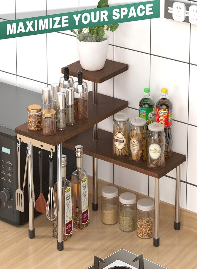 ZHWS Bathroom Counter Organizer for MakeUps, Dresser Table, Kitchen Countertop Organizer Adjustable 3 Tier Corner Shelf with 4 Metal Hooks for Coffee Bar, Spice Rack, Over Sink - Image 2