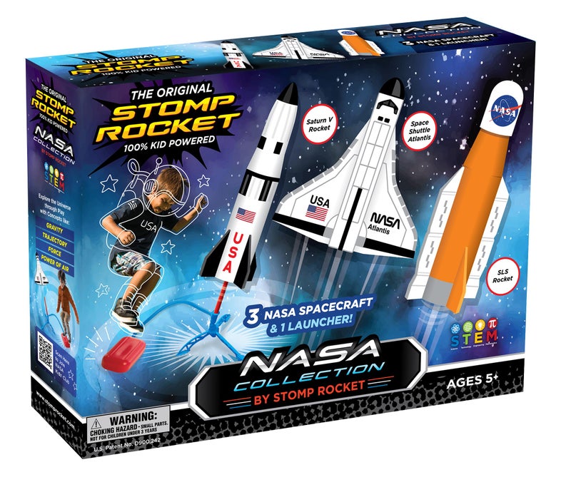 Stomp Rocket Space Collection Rocket Launcher for Kids, 3 NASA Rockets - Backyard & Outdoor Fun Toy Gift for Boys & Girls - STEM Soft Foam Blaster Set Soars Up to 100 Feet - Ages 5 & Up - Image 1