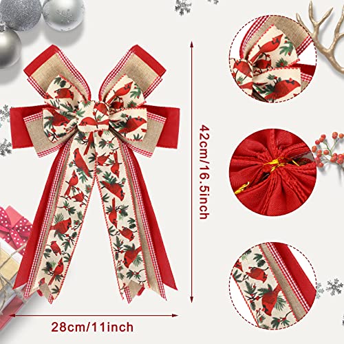 Whaline Christmas Wreath Bow Red Cardinal Birds Pattern Burlap Bow 165 x 11 Inch Xmas Special Design Tree Topper Ornament Gift Bow for Christmas Party Indoor Outdoor Home Door Fireplace Decor - Image 3