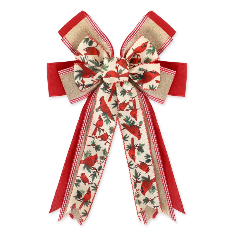 Whaline Christmas Wreath Bow Red Cardinal Birds Pattern Burlap Bow 165 x 11 Inch Xmas Special Design Tree Topper Ornament Gift Bow for Christmas Party Indoor Outdoor Home Door Fireplace Decor - Image 2