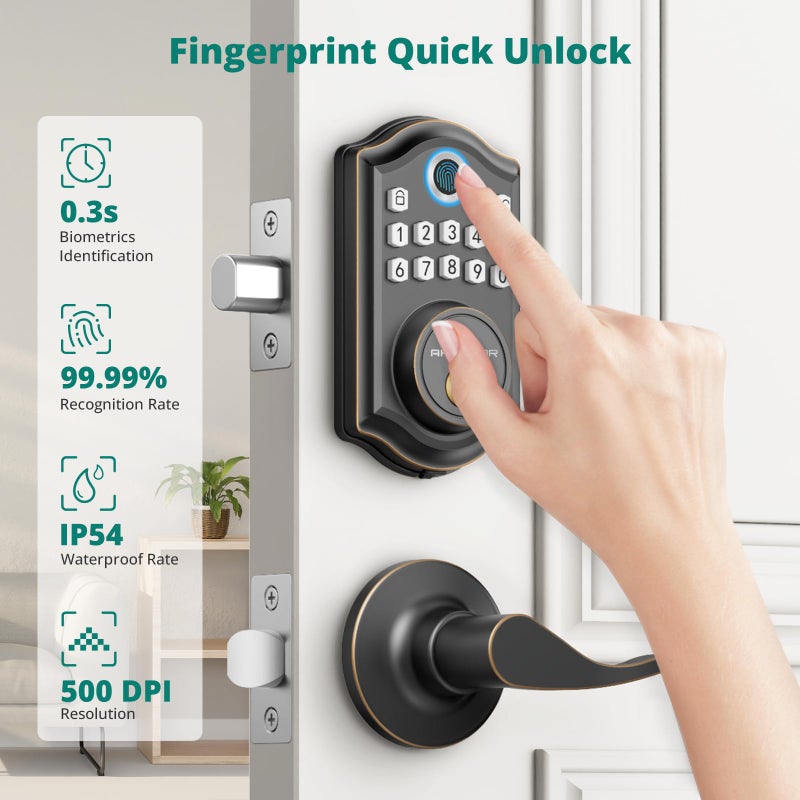 AkaGear DS10 Keyless Entry Door Lock with Handle - 2 Lever Handles, Fingerprint Door Lock, Keypad Deadbolt, 2 Keys, Code, Smart Locks for Front Door, Auto-Lock, Easy Installation - Oil Rubbed Bronze - Image 2