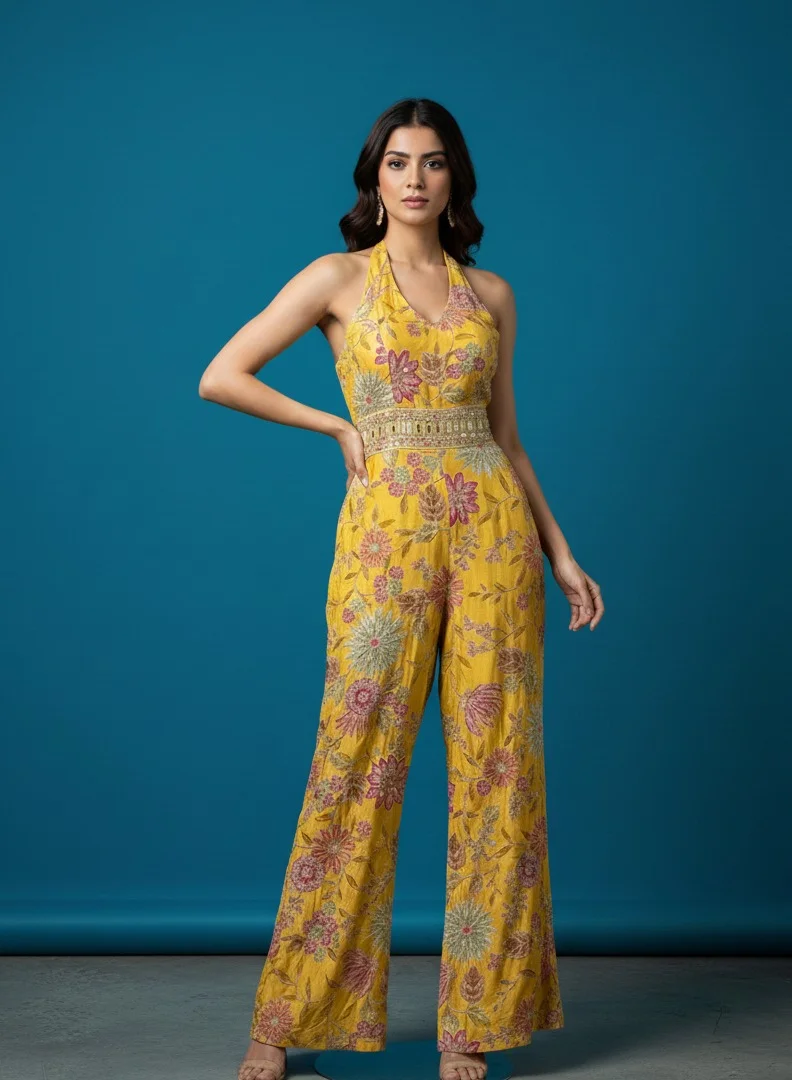 Lehar Mustard Yellow Halter-Neck Fusion Jumpsuit with All-Over Floral Embroidery