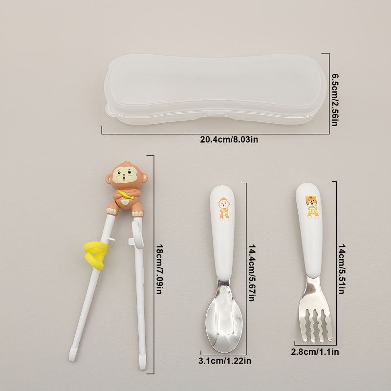 Yellow Tiger Kids Cutlery Set 4pcs Animal Fork Spoon Training Chopsticks - Image 1