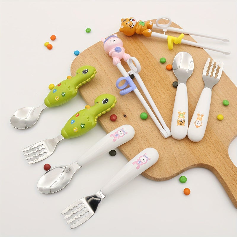 Yellow Tiger Kids Cutlery Set 4pcs Animal Fork Spoon Training Chopsticks - Image 4