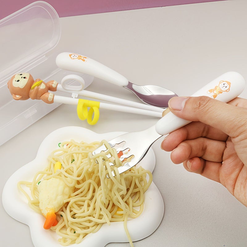 Yellow Tiger Kids Cutlery Set 4pcs Animal Fork Spoon Training Chopsticks - Image 3