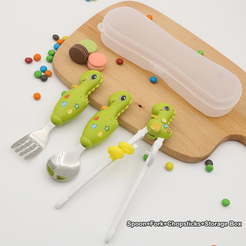 Yellow Tiger Kids Cutlery Set 4pcs Animal Fork Spoon Training Chopsticks - Image 2